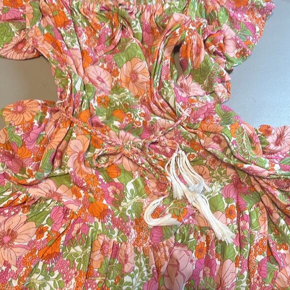 Rachel Zoe Mini Dress‎ Green Pink Floral Ruffle Off Shoulder Women's Size Medium - Picture 8 of 8